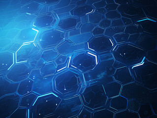 Poster - Abstract blue background with hexagons and glowing lines with copy space for technology, science, and innovation themes