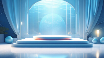 Poster - White podium with a blue moon and white curtains in a futuristic room with copy space for product display and presentation themes
