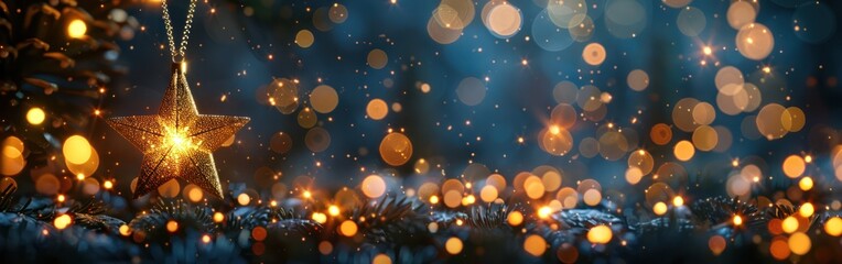 Golden Starlight Christmas Banner on Night Sky with Bokeh - Festive Decoration for Holiday Celebration