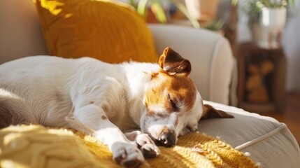 Sticker - Peaceful small white brown dog asleep in cozy contemporary home