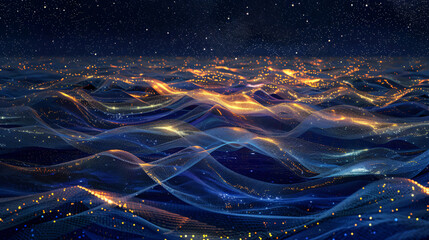 Poster - Abstract blue and gold glowing waves for technology, design, and futuristic themes