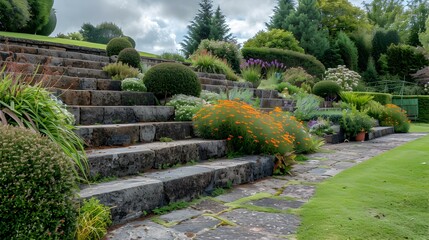 Poster - Stone steps leading to terraced flower beds image