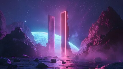 Poster - Cosmic glowing portal doorway among stones in space. Stars, planets, nebulae and galaxies on the background of a portal in space. 3d render