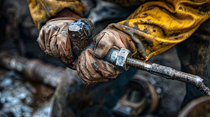 Close-up of a worker's hands using a torque wrench