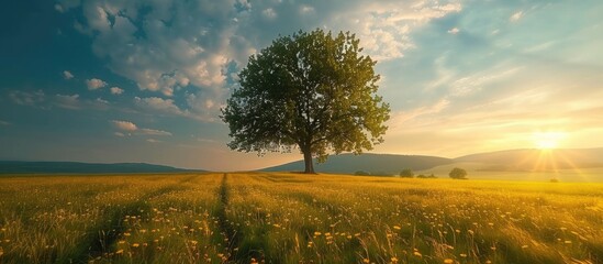 Wall Mural - Solitary Tree in a Field of Golden Grass