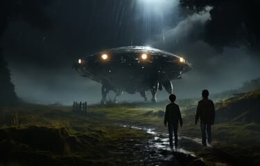 Two people are looking at an alien ship in a field