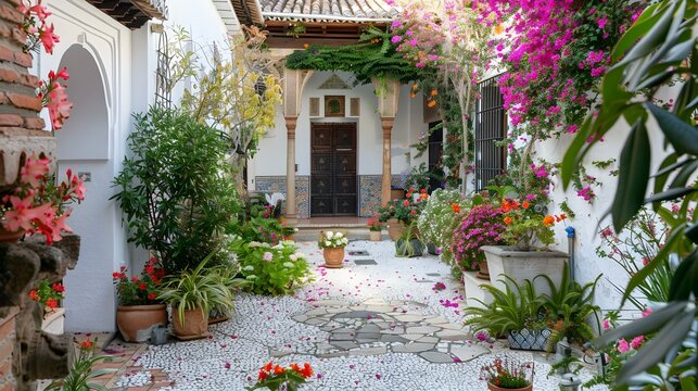 Spanish garden with blooming oleanders and laurels