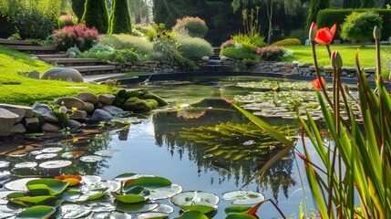 Wall Mural - Landscape with a pond and water lilies img