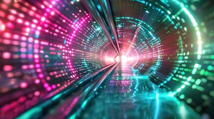 Wall Mural - abstract futuristic background portal tunnel with pink blue and green glowing neon moving high speed