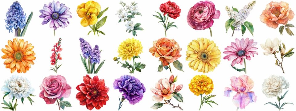 watercolor flower set isolated background. various floral collection of nature blooming flower clip 