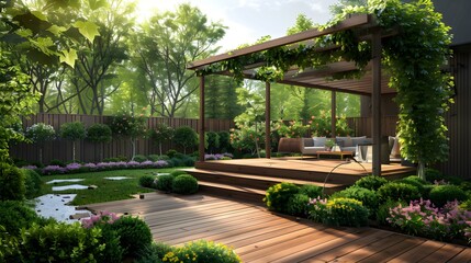 Canvas Print - Landscaping with wooden decks and pergolas decorated image