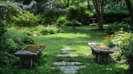 Wall Mural - Stone benches surrounded by lush lawns