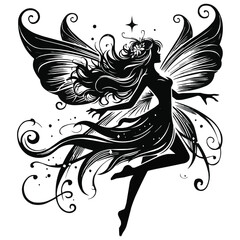 Wall Mural - Black silhouette of Beautiful Flying Fairy vector