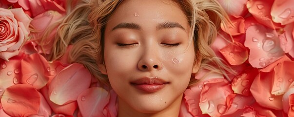 Poster - a young blonde asian woman, eyes closed and mouth open in a state of pure bliss, lies amidst a sea o