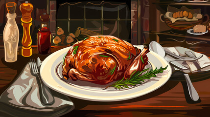 German pork knuckle in a white plate in a luxurious shop. Vector style.