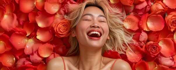 Poster - A young blonde Asian woman revels in a moment of pure joy, lying among rose petals with her mouth open and eyes closed. The scene exudes relaxation and happiness, offering plenty of copy space to