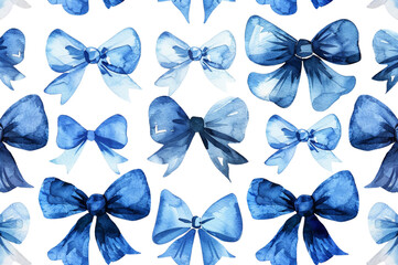 A seamless pattern of watercolor blue bows on a white background, in the style of Chinese artist. The bows flow across the page in an intricate yet relaxed design. Minimal editing was applied to corre