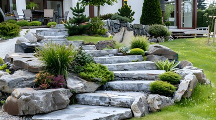 Canvas Print - Rock gardens with neatly laid stone terraces image