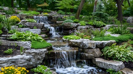 Wall Mural - Rock gardens with miniature waterfalls flowing down picture