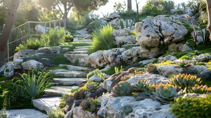 Wall Mural - Rock gardens with terraces decorated with alpine