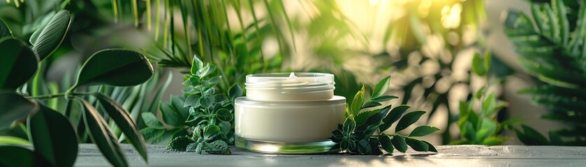 Poster - A clean and minimalist setup features a jar of moisturizer cream among lush green plants, underscoring its use of natural ingredients. The ample copy space allows for various applications, from