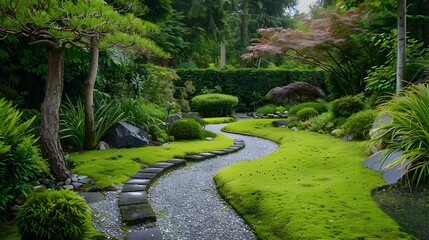 Canvas Print - A moss garden with gravel paths surrounded img