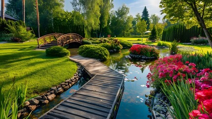 Wall Mural - A garden with ponds near a lake