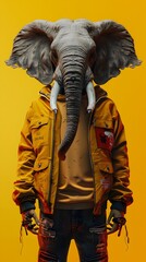 Wall Mural - Anthropomorphic Elephant Headed Man in Street Wear on Yellow Background