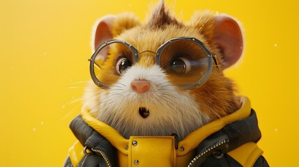 Wall Mural - Anthropomorphic Hamster Wearing Stylish Street Outfit on Yellow Background