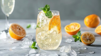 Wall Mural - Refreshing Citrus and Sparkling Wine Cocktail with Ice and Mint on Gray Background