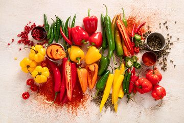 Peppers assorty on wooden background. Tasty vegetables. Colorful organic food.