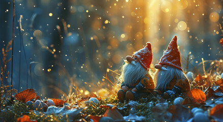 Two gnomes sitting in grass, surrounded by colorful leaves, enjoying the serene nature.