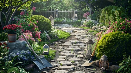 Wall Mural - Gardening tools with stone paths and flowering picture