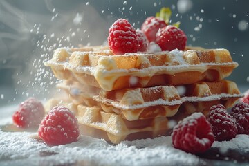 Wall Mural - Most Delicious Raspberry Waffle Breakfast Ever, Tasty Homemade Food Photography, Culinary Background, Gourmet Cooking Cookbook Concept Art, Restaurant Diner Cafe Brunch Menu Backdrop