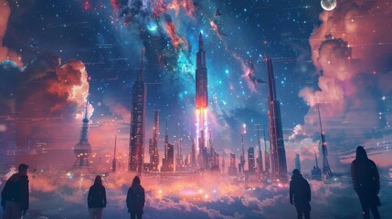 Amazing Star Chasing Youth: Cyberpunk 3D Rocket Launch Scene with Teenagers Gazing at the Stars, Emphasizing Space Exploration