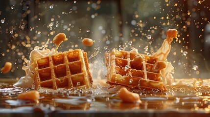 Delicious Hot Waffle Breakfast Closeup, Tasty Homemade Food Photography, Culinary Background, Gourmet Cooking Cookbook Concept Art, Restaurant Diner Cafe Brunch Menu Backdrop