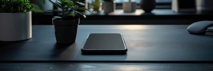 Poster - Top view of modern workspace with laptop, smartphone and plant on dark table