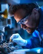 © Boontharika - Scientist examining a rock sample under a microscope in a laboratory setting, wearing safety glasses and gloves.