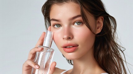 Wall Mural - A model with a radiant complexion holding a bottle of toner