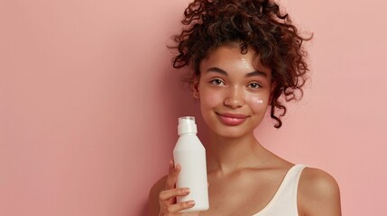 Wall Mural - A young woman with a clear complexion, holding a bottle of cleanser