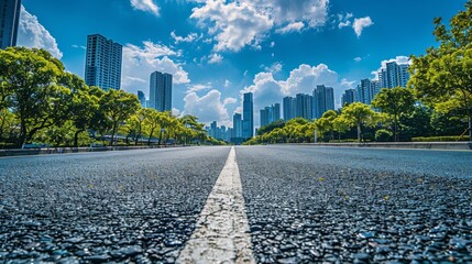 Asphalt road cutting through modern cityscape, sky with scattered clouds, raw and detailed urban image, vibrant style