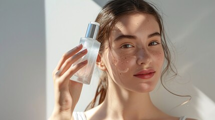 Wall Mural - A young woman with a clear complexion, holding a bottle of cleanser