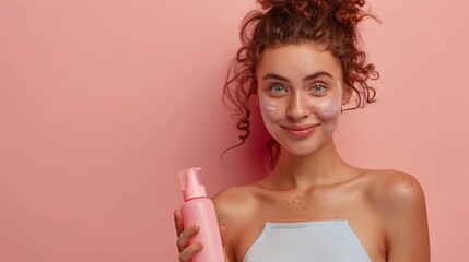 Wall Mural - A young woman with glowing skin, holding a bottle of facial cleanser