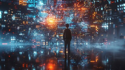 Poster - amidst a digital landscape, a businessman interacts with virtual metaverse interfaces connected to a