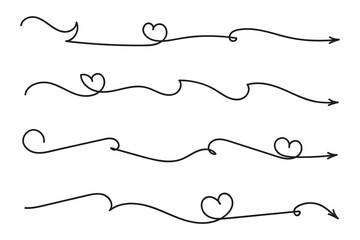 Sticker - Hand drawn Thin continuous line lovely hearts style curved arrow vector, one line left right direction love sign with pen arrows, Minimalistic Outline single line way decorations decorative element