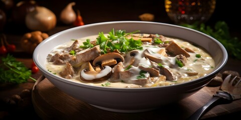 Canvas Print - Creamy veal stew with white wine cream and mushrooms a classic French dish. Concept French Cuisine, Veal Stew, White Wine Cream, Mushrooms, Classic Dish