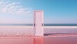 © dont - ピンク色のビーチの波の上に白いドアが置かれている