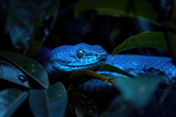 Wall Mural - dangerous snake with blue skin crawling in dark jungle in dark background