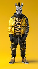 Wall Mural - Zebra Headed Man Wearing Edgy Street Wear Outfits on Yellow Background