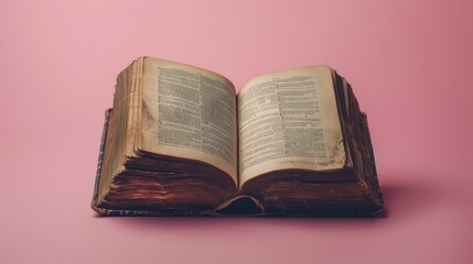 Wall Mural - Old hardcover book opened on pink background with empty space Idea related to learning